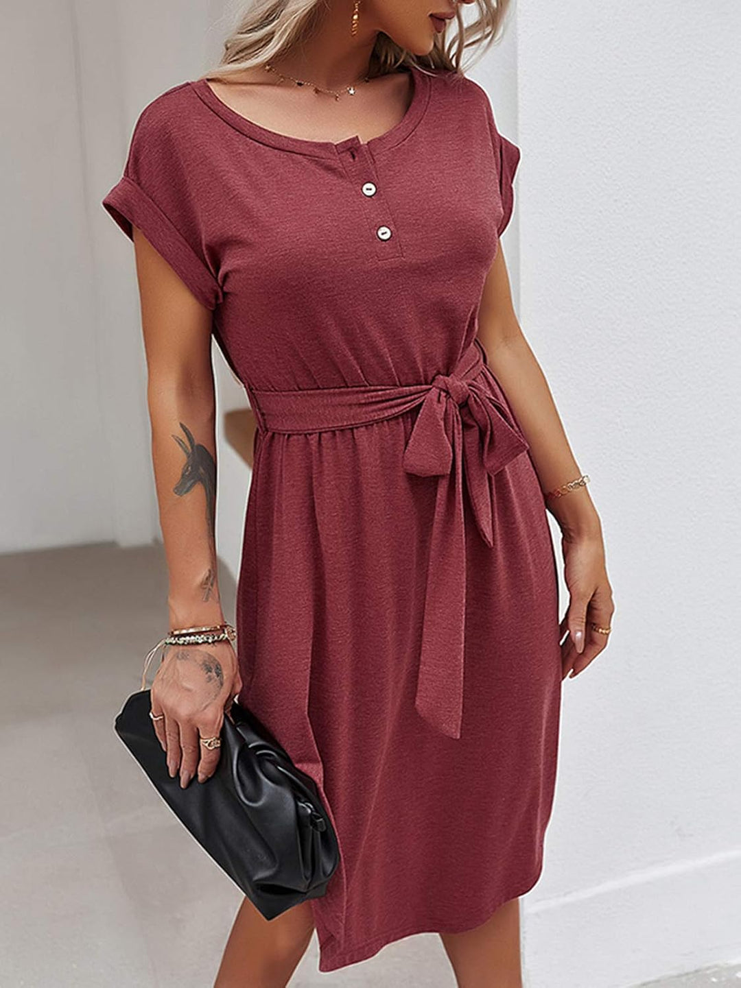 Bequemer Laden Damen Sommer Kleid Knopfleiste Kurzarm Midi Kleider Elegant Sommerkleid Businesskleid