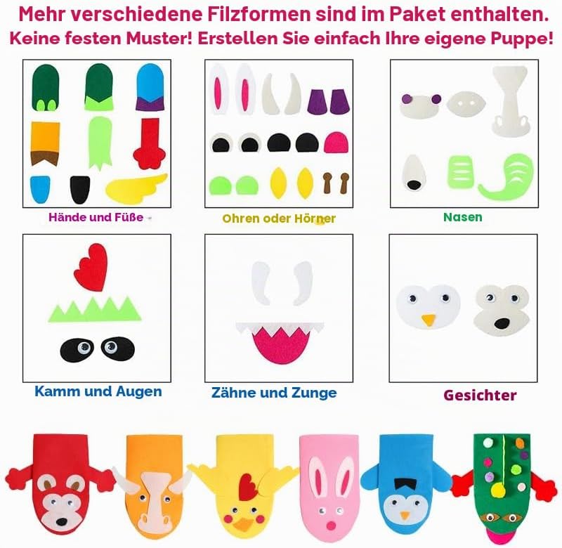 WATINC 6Pcs Felt Handpuppe DIY Art Craft Set für Moderne Kinder Filz Spielpuppe Socke Pompoms Bastel