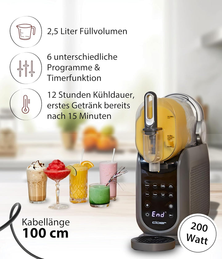 Cloer 9960 Slush Eis Maschine für bis zu 2,5 Liter, 6 Einstellungen, Slush Ice, Frozen Cocktail, Mil