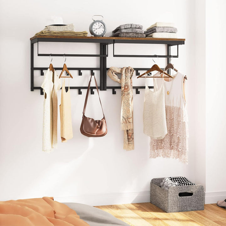 HOOBRO Wandgarderobe mit Ablage, Wandregal mit 10 Haken und Stangen, Wandmontiertes Hängeregal, 60 x