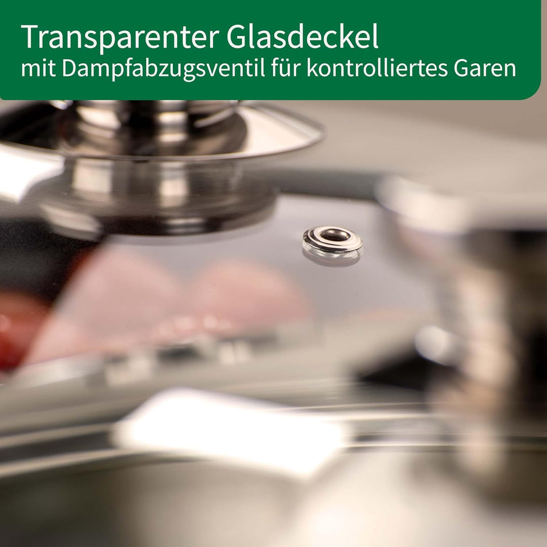 Chefkoch trifft Fackelmann Bratpfanne München Ø 24 cm aus Edelstahl mit Glasdeckel – Wabenboden, PFA