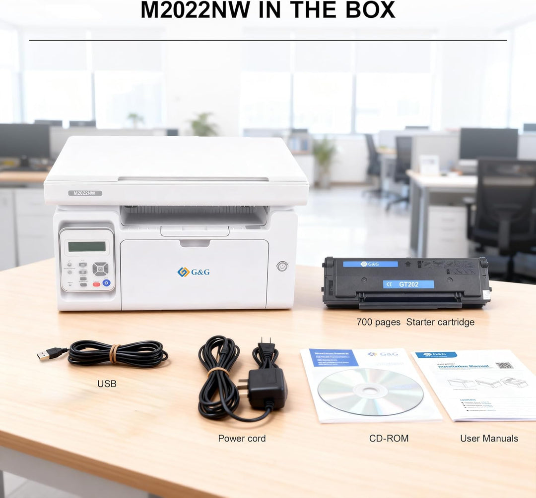 G&G M2022NW Laserdrucker - Multifunktionsgerät mit Drucker, Scanner und Kopierer,Schwarz-Weiss,WLAN(