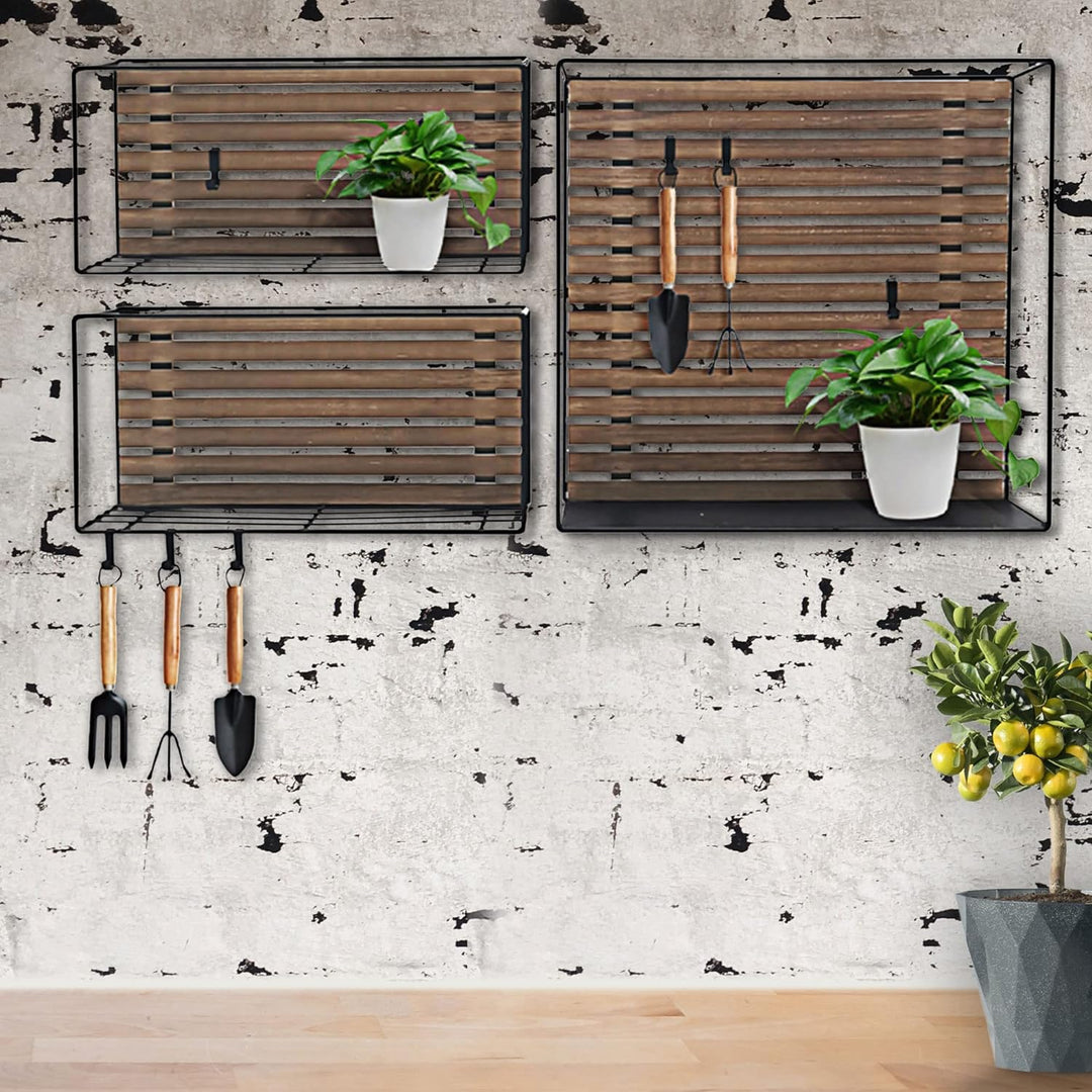 Cepewa Wandregal 3er Set S-Haken │ 2 Grössen Eisen Holz │ Regal Hängeregal Küchenregal Aufbewahrung