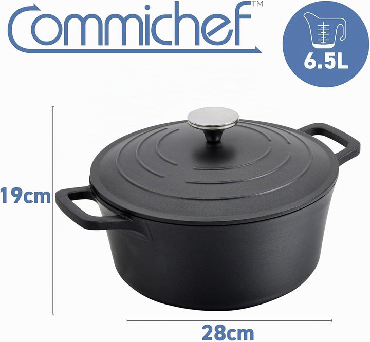 Commichef Runde Kasserolle, Auflaufform, Schwarz, Aluminiumguss, Mit Deckel, 28cm Durchmesser, 6,5 L