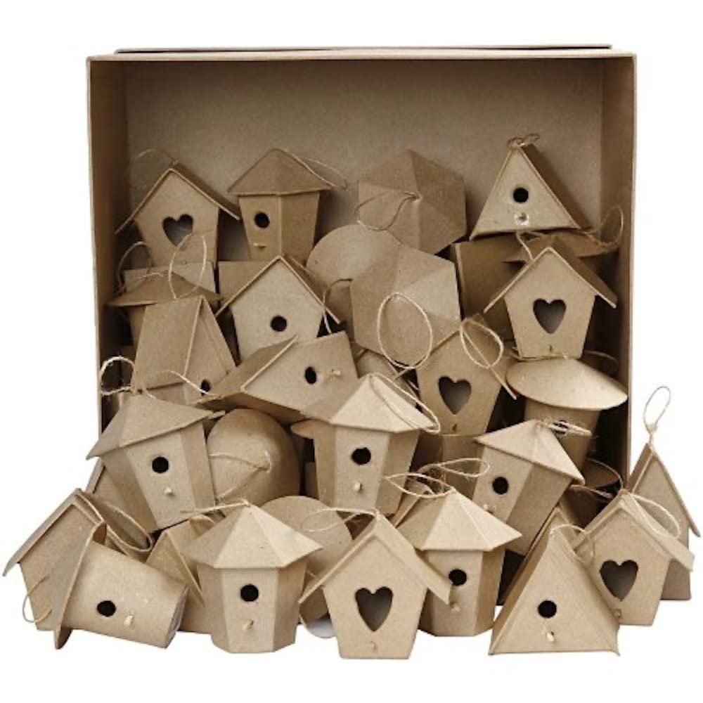 Creativ Mini-Vogelhäuschen aus Pappmaschee, Bulkware, 6 Designs, 60 Stück