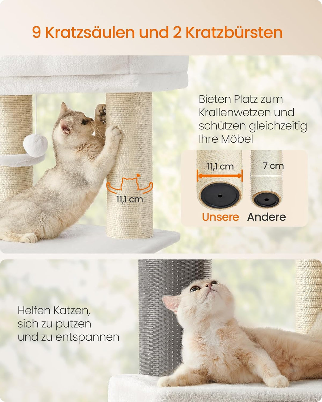 Feandrea Kratzbaum, mit warmen Decken, für grosse Katze, Katzenbaum, 2 Katzenbürsten, 11,1 cm d Dick