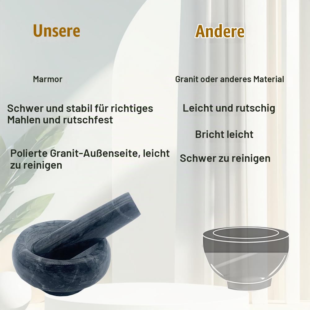 Hibuco Mörser mit Stössel Marmor Ø 9 cm GrauWeiss,Hochwertiger Steinmörser für Gewürze &amp; Kräuter – R