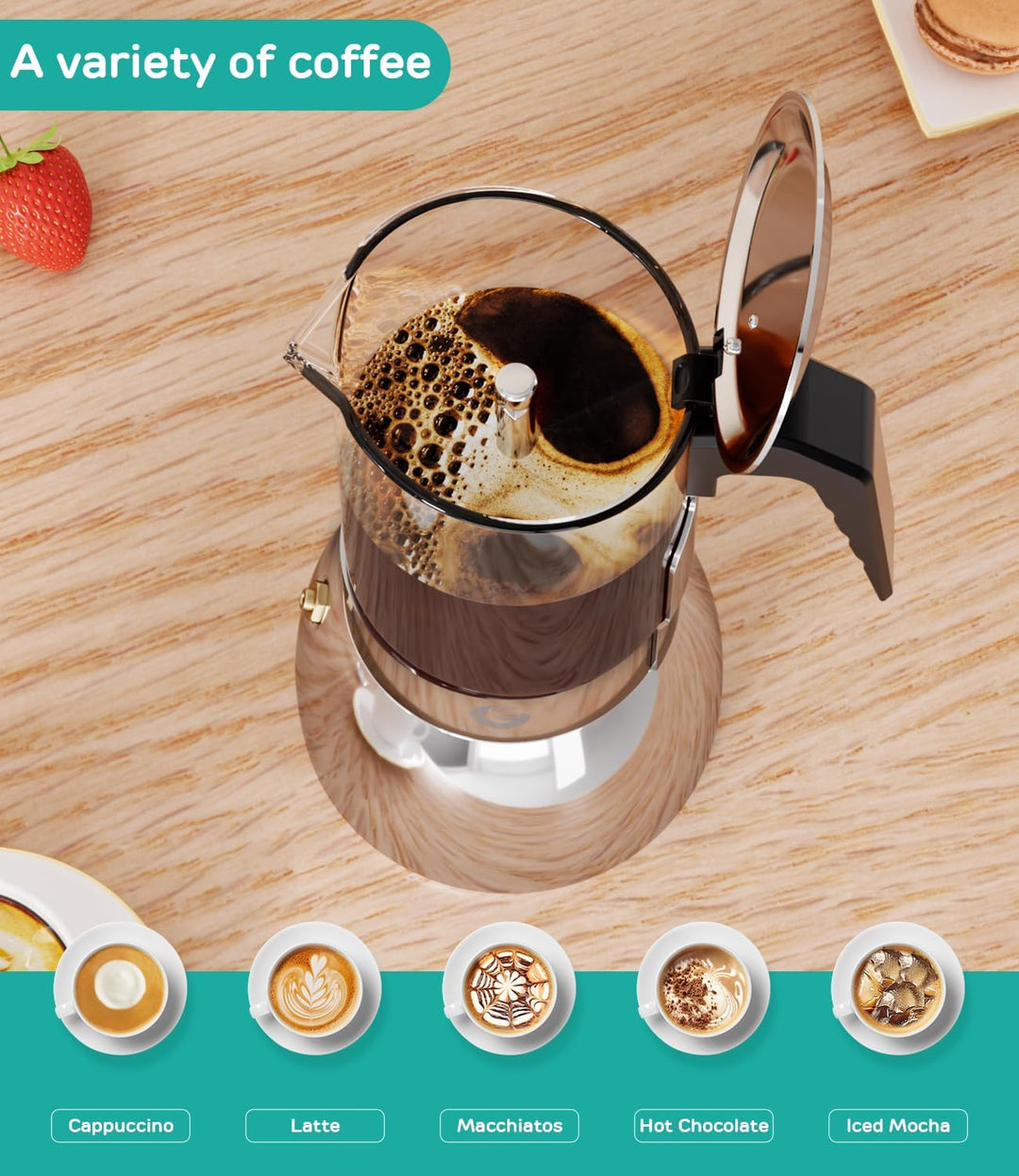 Coffee Gator Espressokocher Herdplatten, Espresso Mokkakanne aus Klarglas & Edelstahl - Kaffee Nach