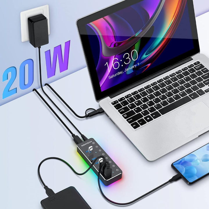 USB Hub Aktiv 3.0 mit Netzteil, RSHTECH 7-Port RGB USB 3.0 Hub Aluminium, 14 RGB Beleuchtungsmodi, 2