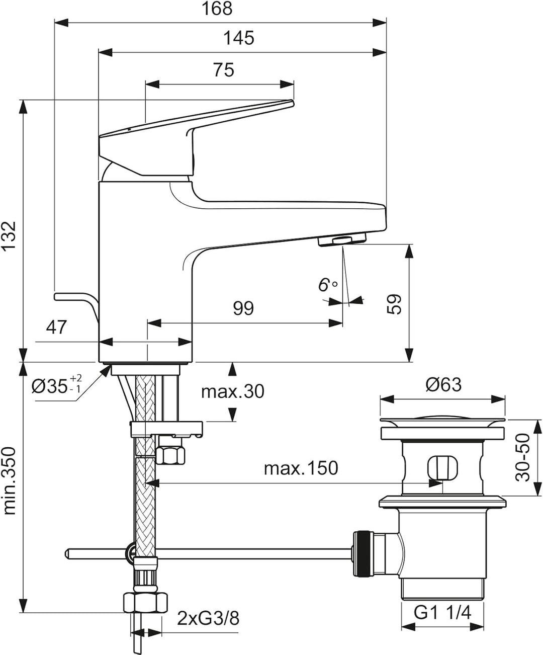 Ideal Standard BD204AA Ceraplan Waschtischarmatur mit Zugknopf-Ablaufgarnitur Auslaufhöhe 59mm mit M