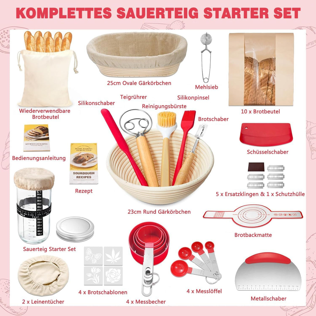 Sauerteig Starter Set, Gärkorb Brot Set mit 2 Gärkörbchen (23cm Runde & 25cm Ovale), Rattan, 1000ml