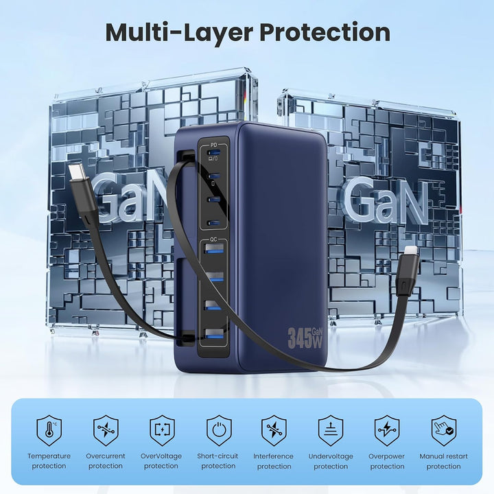 345W USB C Ladegerät Mehrfach mit Einziehbarem Ladekabel, 10-in-1 GaN VI Ladestation, PD/PPS/QC Schn