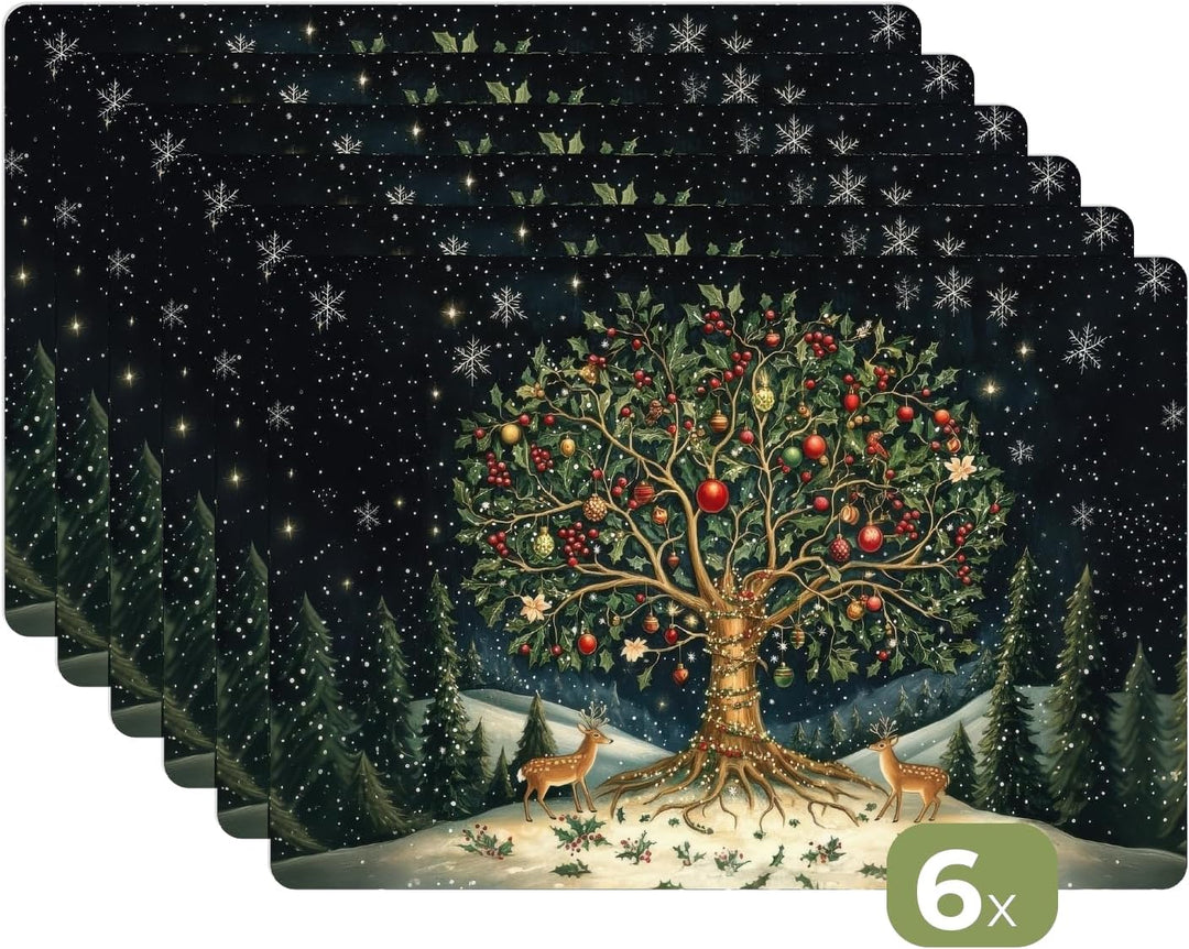 KitchenYeah© Platzsets Abwaschbar 6-Teilig Tischsets Platzdeckchen Platzset Partybaum - Winterhimmel