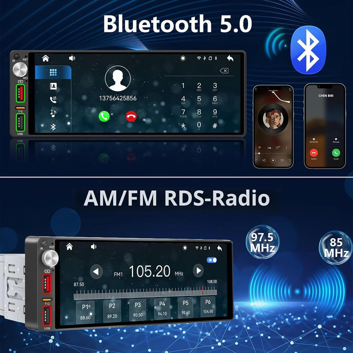 6,9 Zoll 1 Din Autoradio mit drahtlosem CarPlay &amp; Android Auto, Bluetooth, Full-Touch-Autoradio-Disp