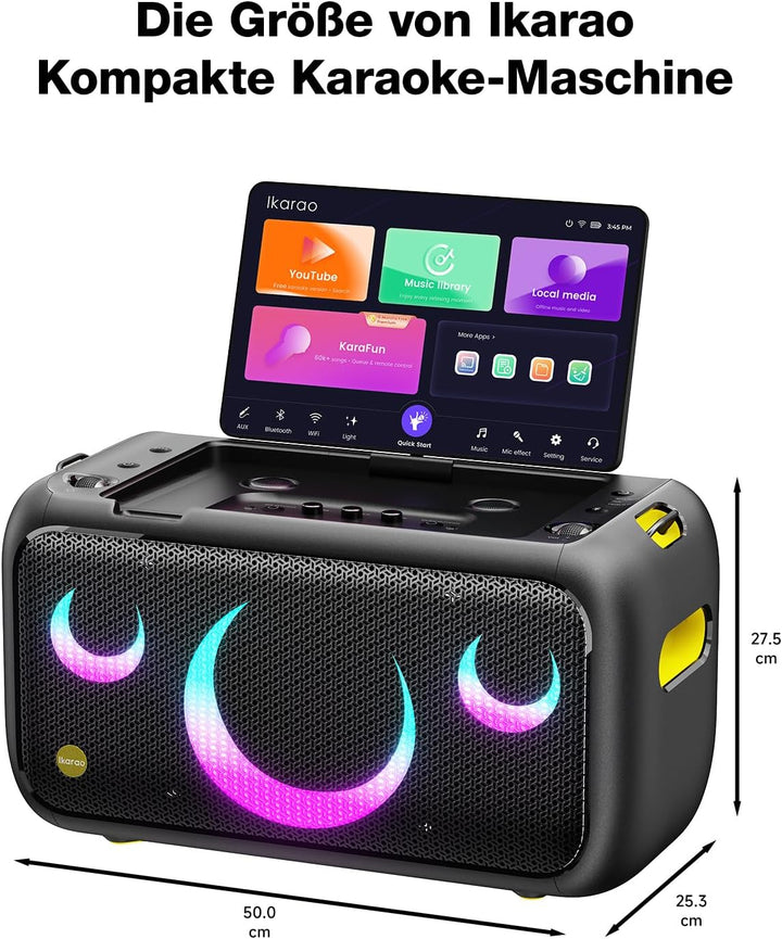 Ikarao Break X1 Karaoke Maschine mit Textanzeige 13.3 Zoll Bildschirm 2 kabellose Mikrofone versteck