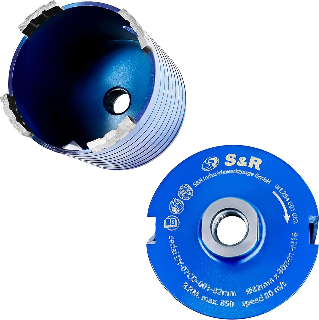 S&R Diamantbohrkrone - SET 82mm, Dosensenker, Kernbohrkrone, Segmenthöhe 10mm, mit Zentrierbohrer 8x