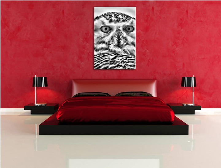Monocrome, Schnee-Eule , Format: 100x70 auf Leinwand, XXL riesige Bilder fertig gerahmt mit Keilrahm