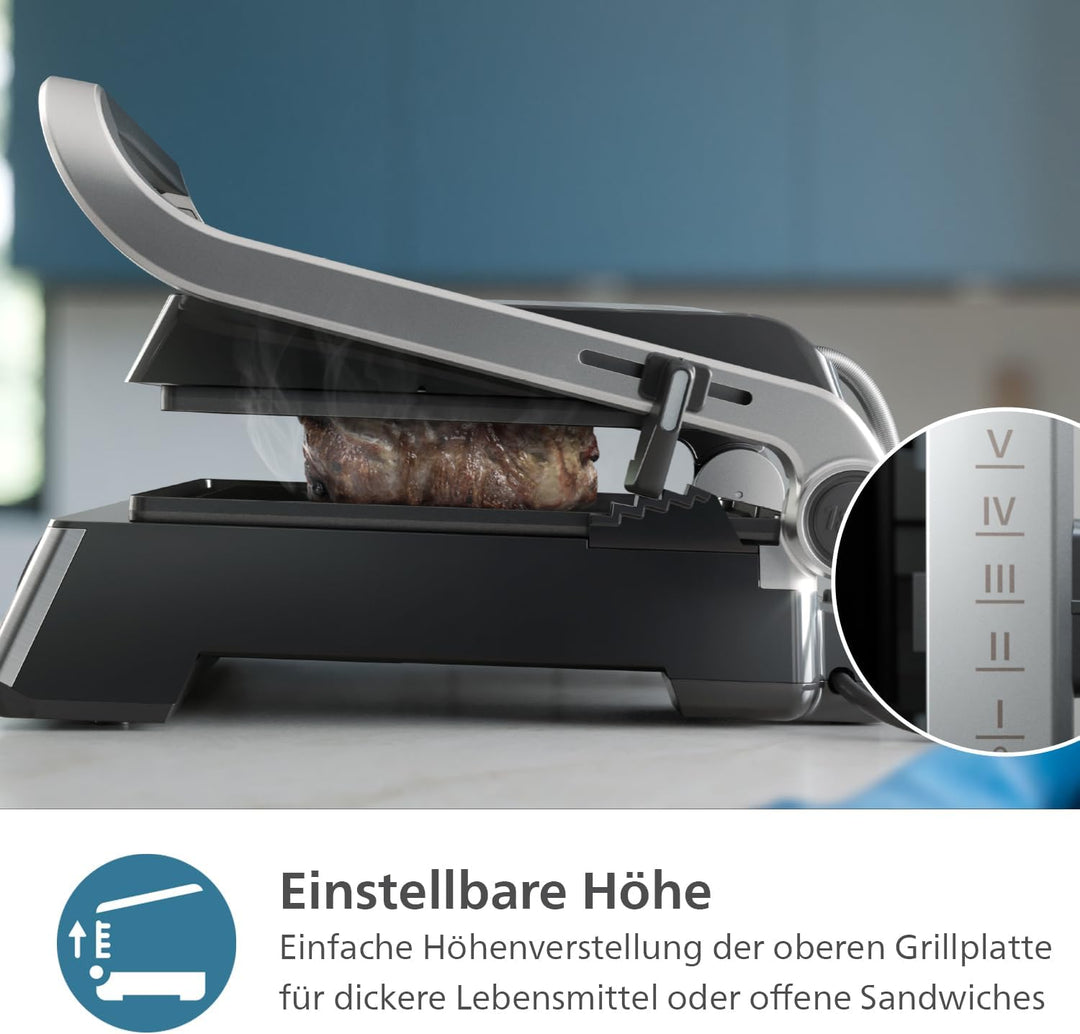 Philips Kontaktgrill - Einstellbare Temperatur 60°C-200°C. 180° aufklappbar. Grosse Grillfläche und
