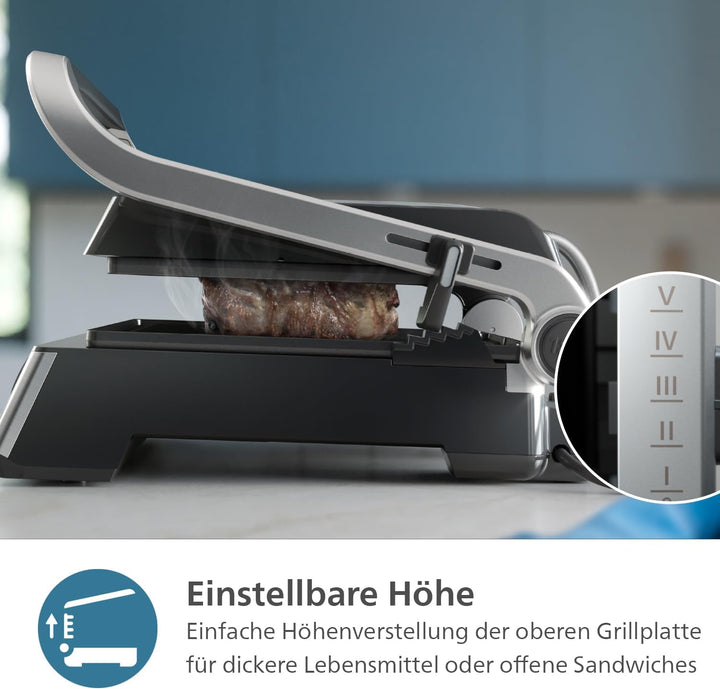 Philips Kontaktgrill - Einstellbare Temperatur 60°C-200°C. 180° aufklappbar. Grosse Grillfläche und