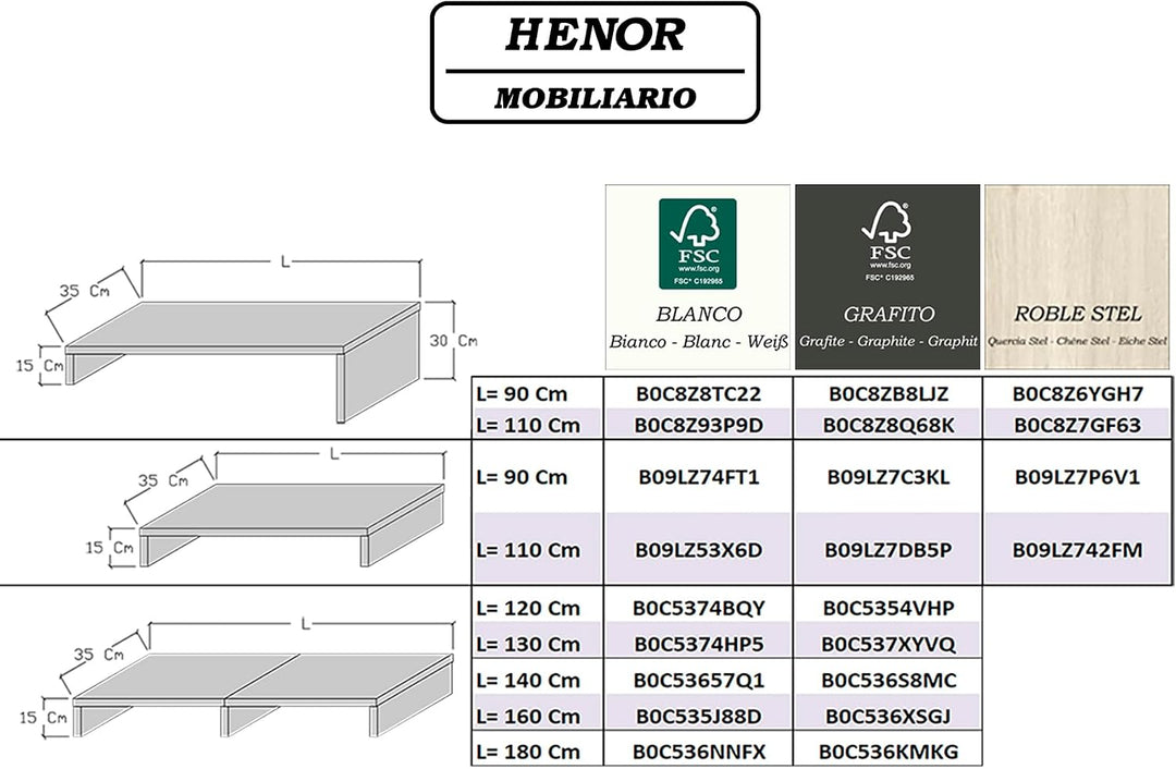 Henor Riser Halterung für TV aus Holz 90 x 35 x 15 cm Graphit. Unterstützt 60 kg. 90x35x15 Graphit M