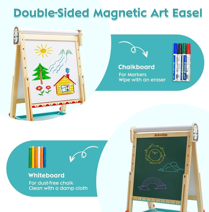 Kinder Staffelei mit Papierrolle doppelseitiges Whiteboard und Kreidetafel verstellbare Standstaffel