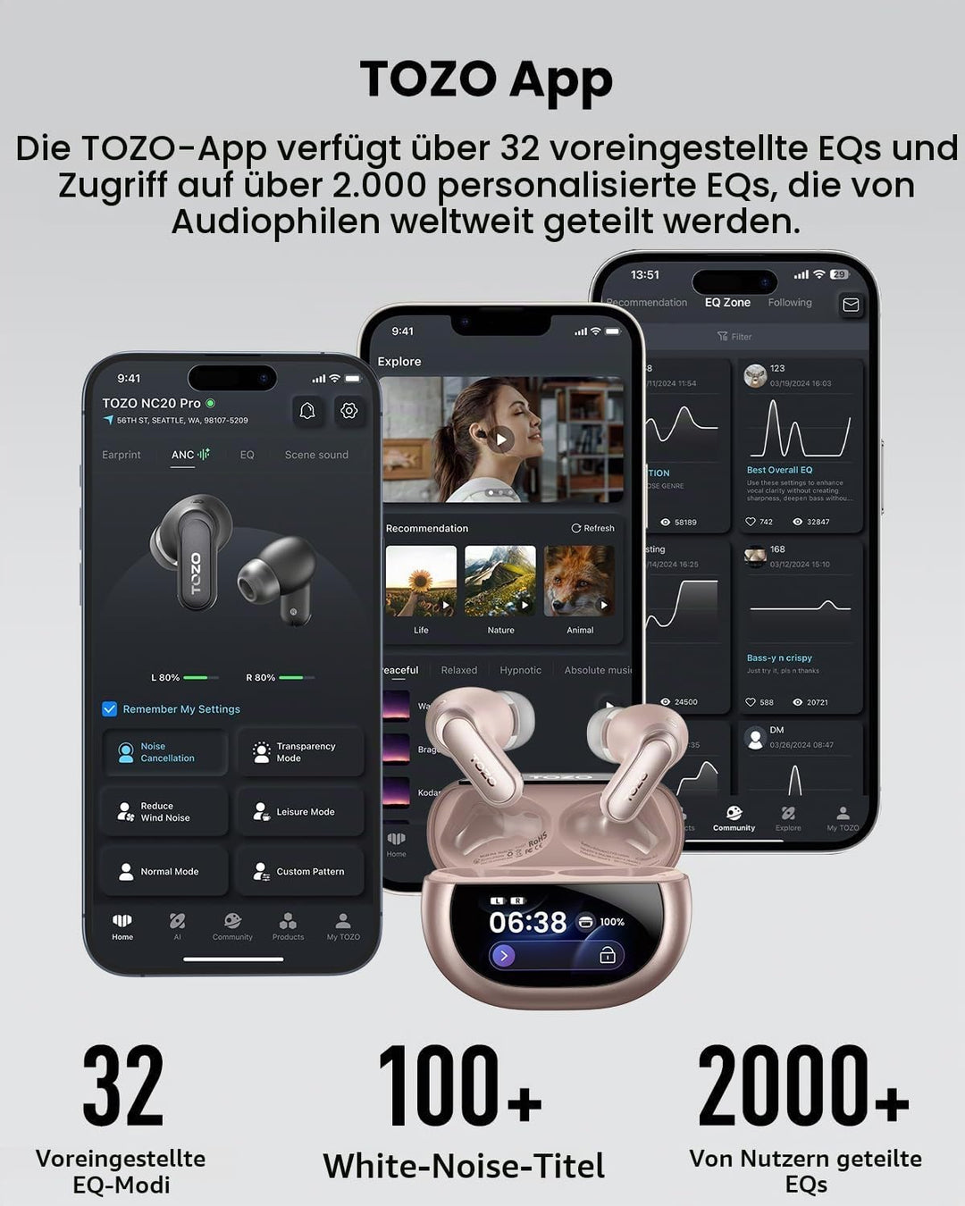 TOZO NC20 Pro Kabellose Bluetooth Kopfhörer mit Smart-Touchscreen, Adaptive Aktive Geräuschunterdrüc