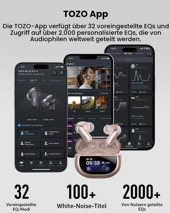 TOZO NC20 Pro Kabellose Bluetooth Kopfhörer mit Smart-Touchscreen, Adaptive Aktive Geräuschunterdrüc