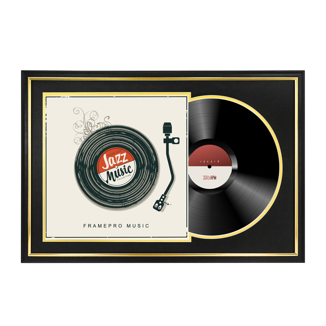 FramePro Schallplattenrahmen mit 2 doppelseitigen Passepartouts (schwarz über gold), Jukebox-Schallp