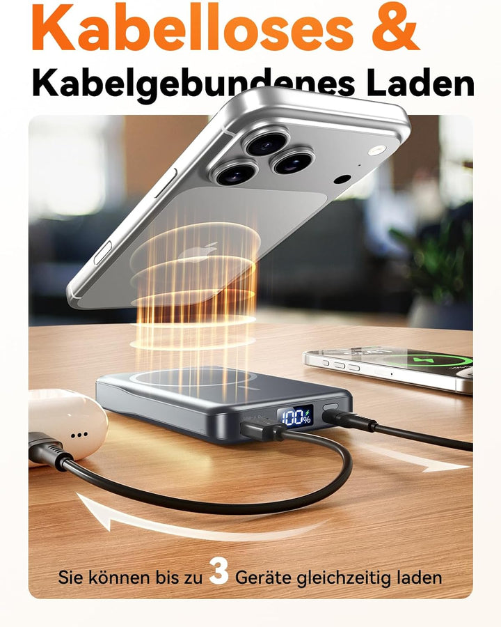 Powerbank für MagSafe, 10000mAh Magnetische Power Bank ohne Kabel, 20W PD Schnellladegerät, Kabellos