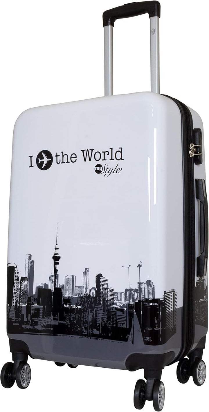 Trendyshop365 Hartschalen Koffer-Set 3-teilig mit Motiv Bedruckt - Fly The World Weiss - 4 Rollen Fl