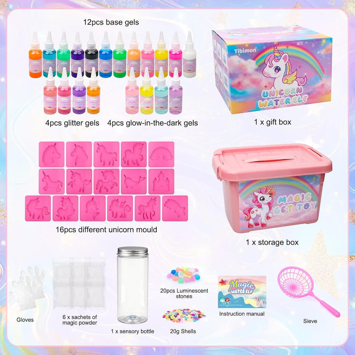 Tibimon Einhorn Magic Water Elf, DIY 3D Magisches Wasser Gel Spielzeug, 20 Magischem Gel und 16 Form