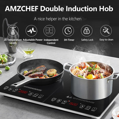 AMZCHEF induktionskochplatte 2 platten mit separaten Steuerelementen, 10 Temperaturstufen, Einstellb