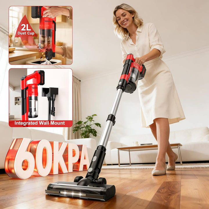 Akku Staubsauger,60000Pa/700W/70 Mins Staubsauger Kabellos mit 2 * 4,0 Ah Abnehmbaren Akkus,LED Touc