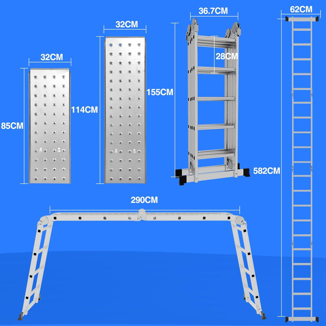 Cecaylie 4x5 Mehrzweckleiter 582cm 7 in 1 Alu Leiter Vielzweckleiter Klappleiter Haushaltsleiter Arb
