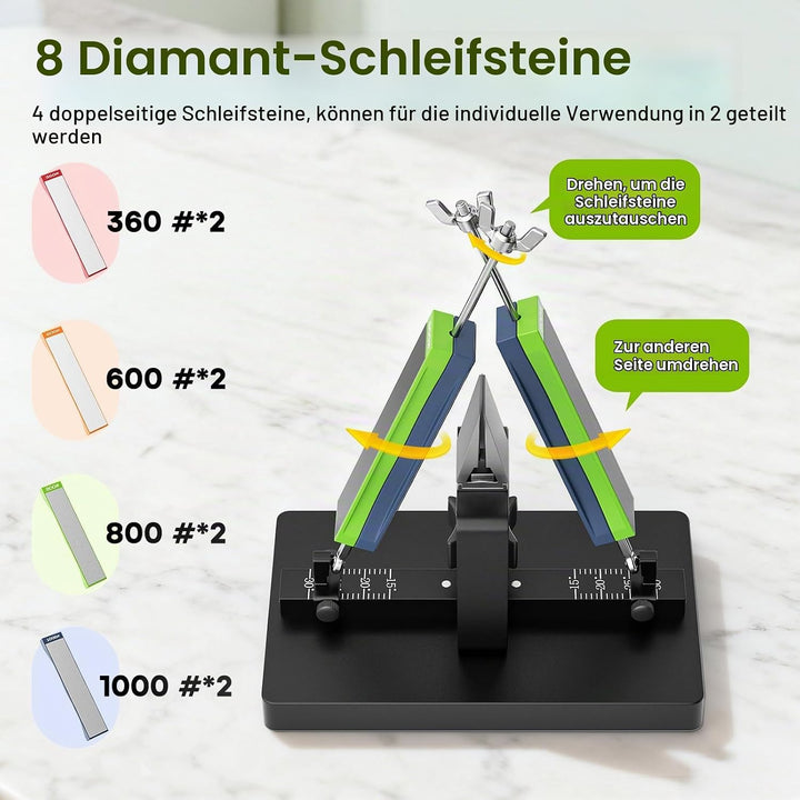Manuelles Messerschärfset, doppelseitiges professionelles Messerschärfsystem mit Winkelführung und 8