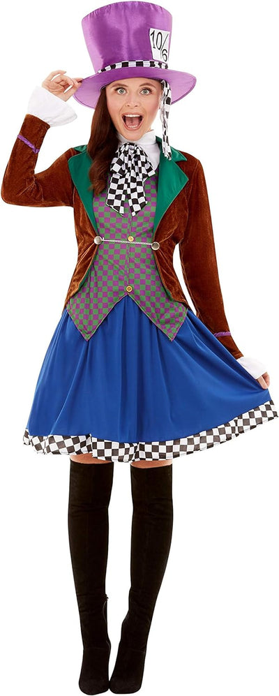 Miss Hatter Costume, Multi-Coloured, with Jacket, Attached Waistcoat, Skirt & Hat (XS) XS - UK Size