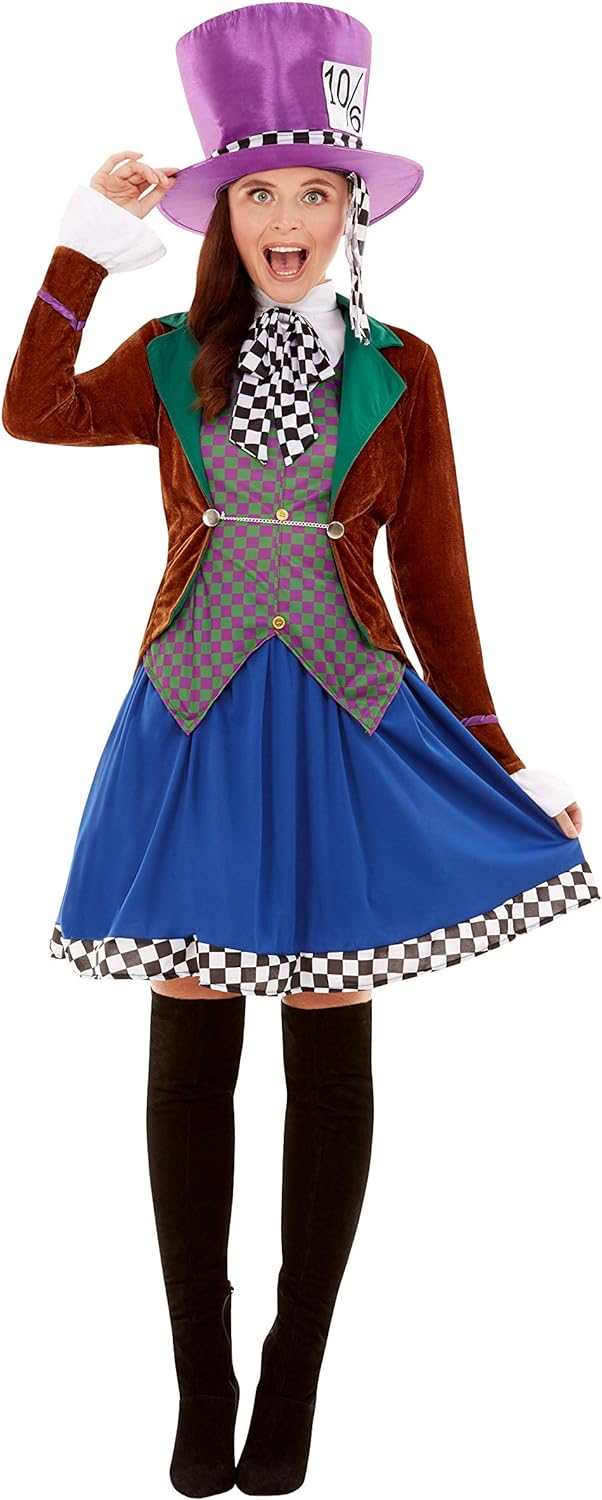 Miss Hatter Costume, Multi-Coloured, with Jacket, Attached Waistcoat, Skirt & Hat, (M) M - UK Size 1