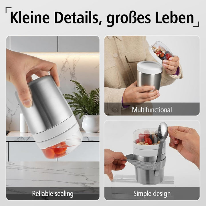 Edelstahl Müslibecher to go mit Löffel, Joghurtbecher to go 720ml | Doppelwandiger Vakuum-Isolier Jo