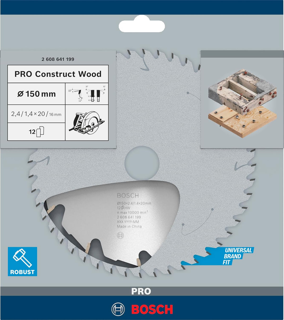 Bosch 1x PRO Construction Wood Kreissägeblatt für Netz-Handkreissägen (für Bauholz mit Mörtel und Nä