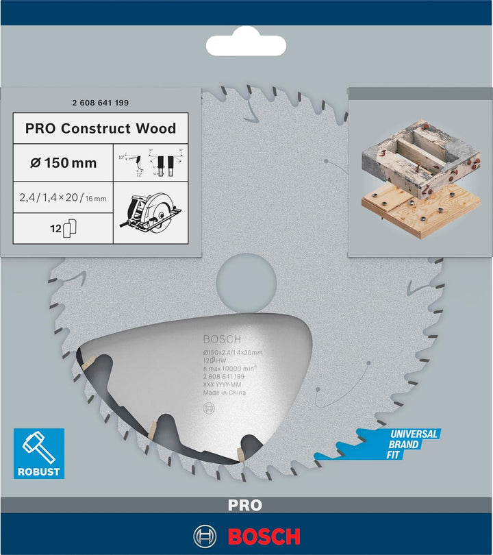 Bosch 1x PRO Construction Wood Kreissägeblatt für Netz-Handkreissägen (für Bauholz mit Mörtel und Nä