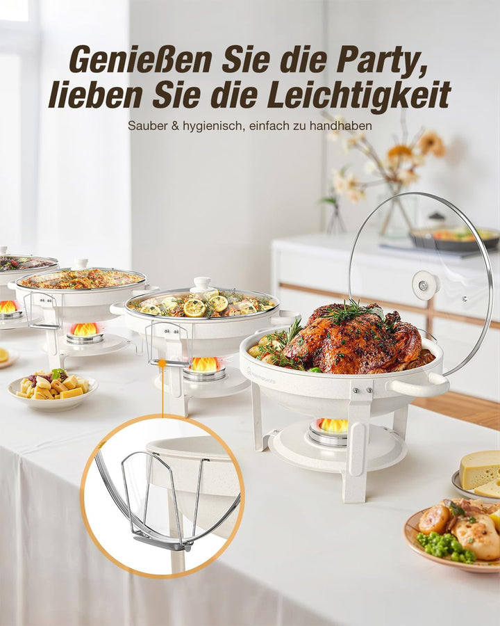 WARMOUNTS Chafing Dish Buffet 5L 4er Set Weisse, Maifan Stein Beschichtung Rund Speisenwärmer für Ca