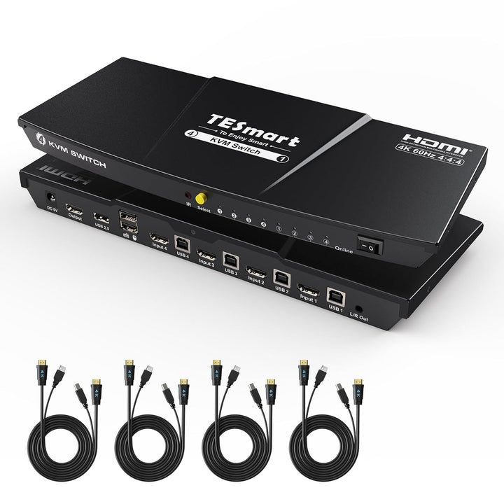 TESmart HDMI KVM Switch 4 Ports, 4 PC 1 Monitor Switch, EDID Emulator, Hotkey, Button Umschalter, US
