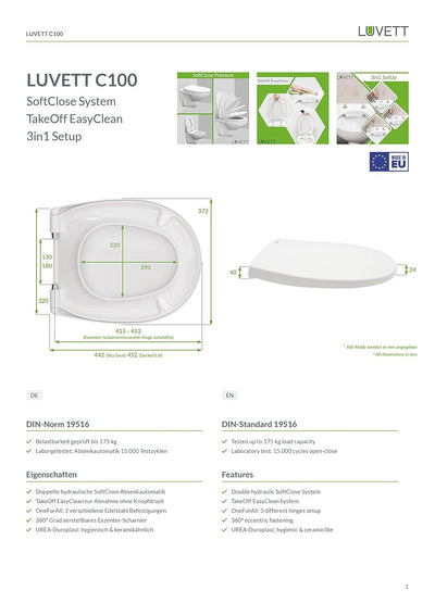 LUVETT® WC-Sitz mit Absenkautomatik C100 oval universell, Toilettendeckel mit 3 Edelstahl Montagelös