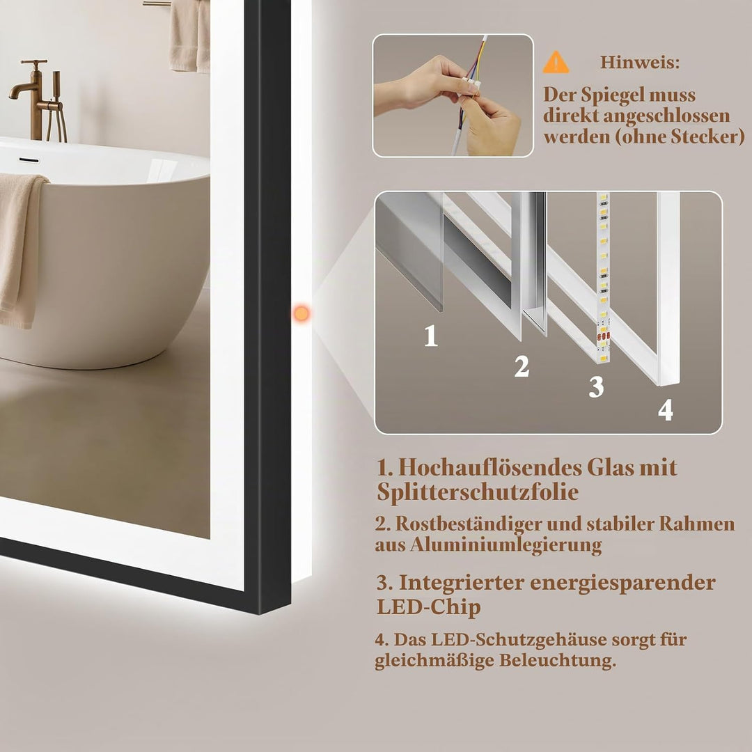Badspiegel-mit-Beleuchtung 50x70cm - Badezimmerspiegel LED Badezimmer Spiegel mit Beleuchtung - Besc