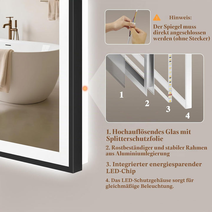 Badspiegel-mit-Beleuchtung 50x70cm - Badezimmerspiegel LED Badezimmer Spiegel mit Beleuchtung - Besc