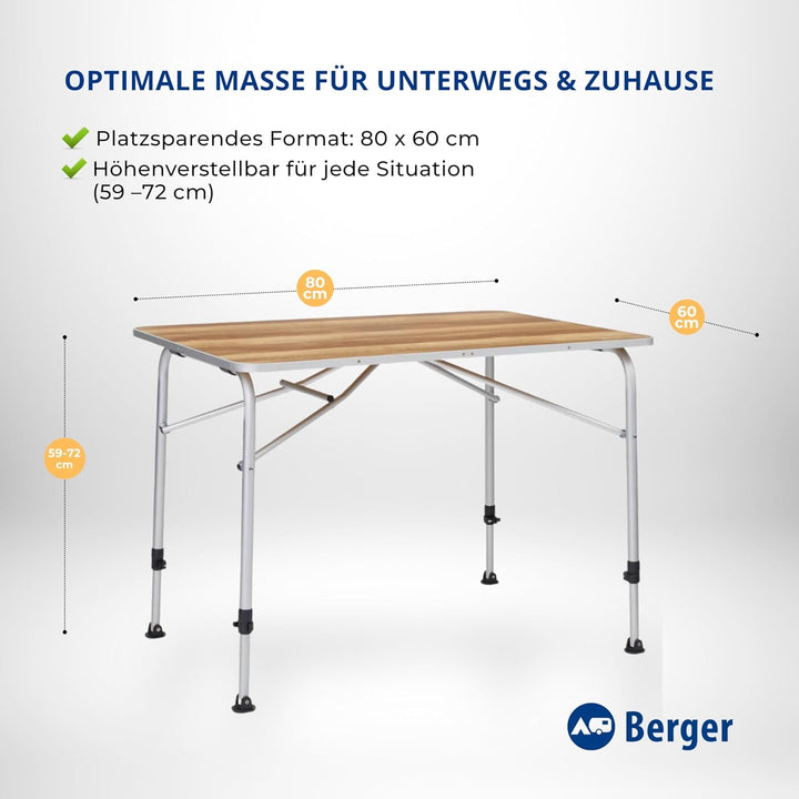 BERGER Livenza Campingtisch - Klapptisch Höhenverstellbar Alu Campingtisch Klappbar Camping Tisch Ga
