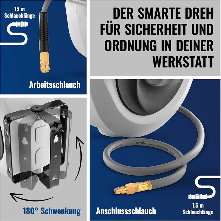 Poppstar Druckluftschlauchtrommel (15m+1,1m, Durchmesser 3/8" (9,2x14mm)) Schnellkupplung 1/4" BSPT,