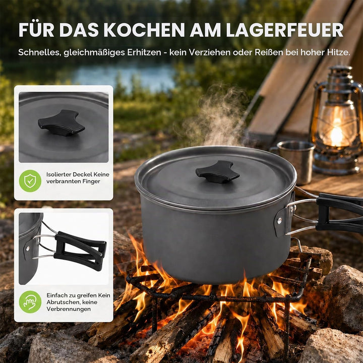 aiGear Camping Kochgeschirr Set/Outdoor Geschirr Set | Camping Topf Kochtopf Tragbar Aluminium | mit