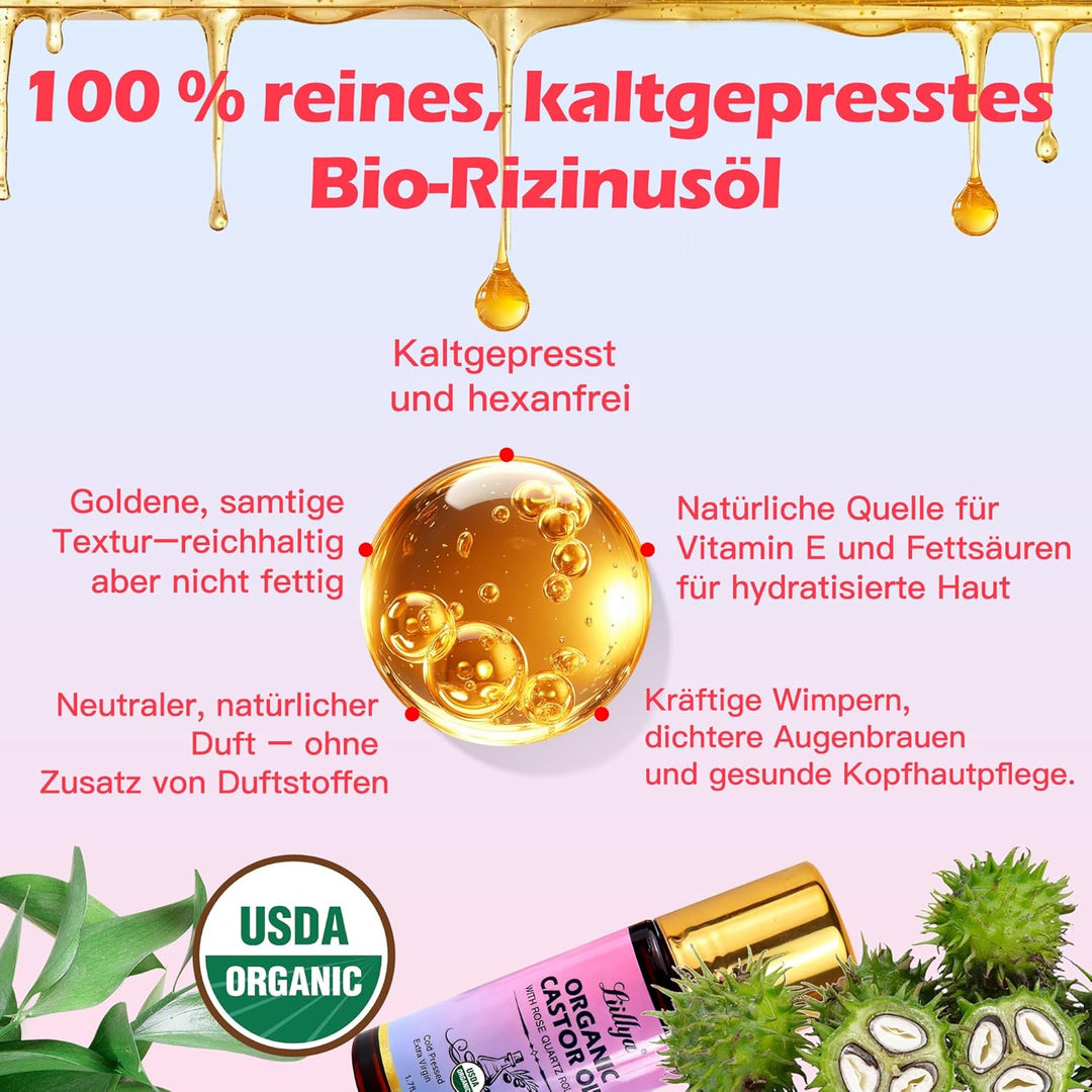 rizinusöl kaltgepresst bio Roll On mit Rosenquarz – Castor Oil Organic 100% Rein, Hexanfrei, Natürli