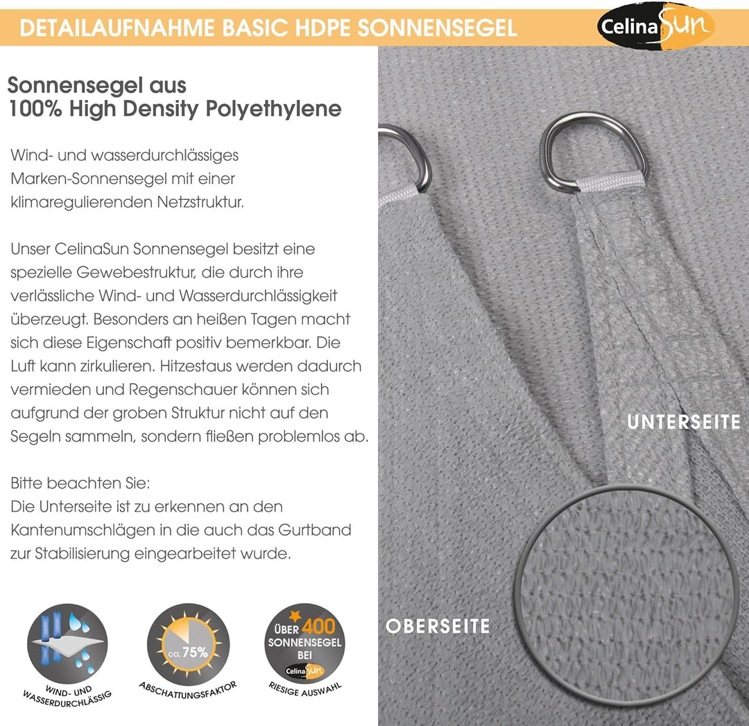 CelinaSun Sonnensegel inkl Befestigungsseile HDPE Basic Dreieck rechtwinklig 3,6 x 3,6 x 5,1 m hellg